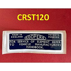 Cooper Air Filter Element Label :  MGB, MGC, Classic Mini, Morris Minor,Jaguar 420 & Sovereign  89 x 30mm CRST120