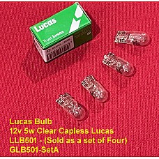 Lucas Bulb 12v 5w CLEAR Capless Lucas LLB501 - (Sold as a set of Four)  GLB501-SetA