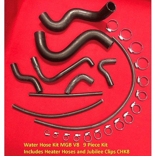 Water Hose Kit MGB V8   9 Piece Kit  - Includes Heater Hoses and Jubilee Clips CHK8