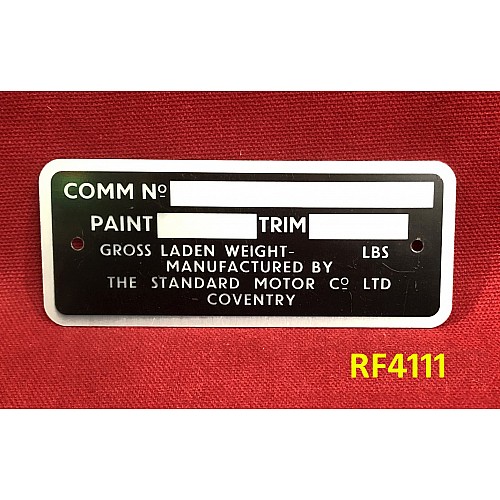 Triumph Commission Plate - Standard Motor Company Coventry - TR4A - RF4111 Triumph Commission Plate - Standard Motor Company Coventry - TR4A - RF4111